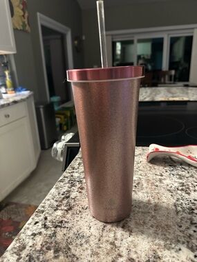 Rose Gold Glitter Travel Tumbler with Reusable Straw